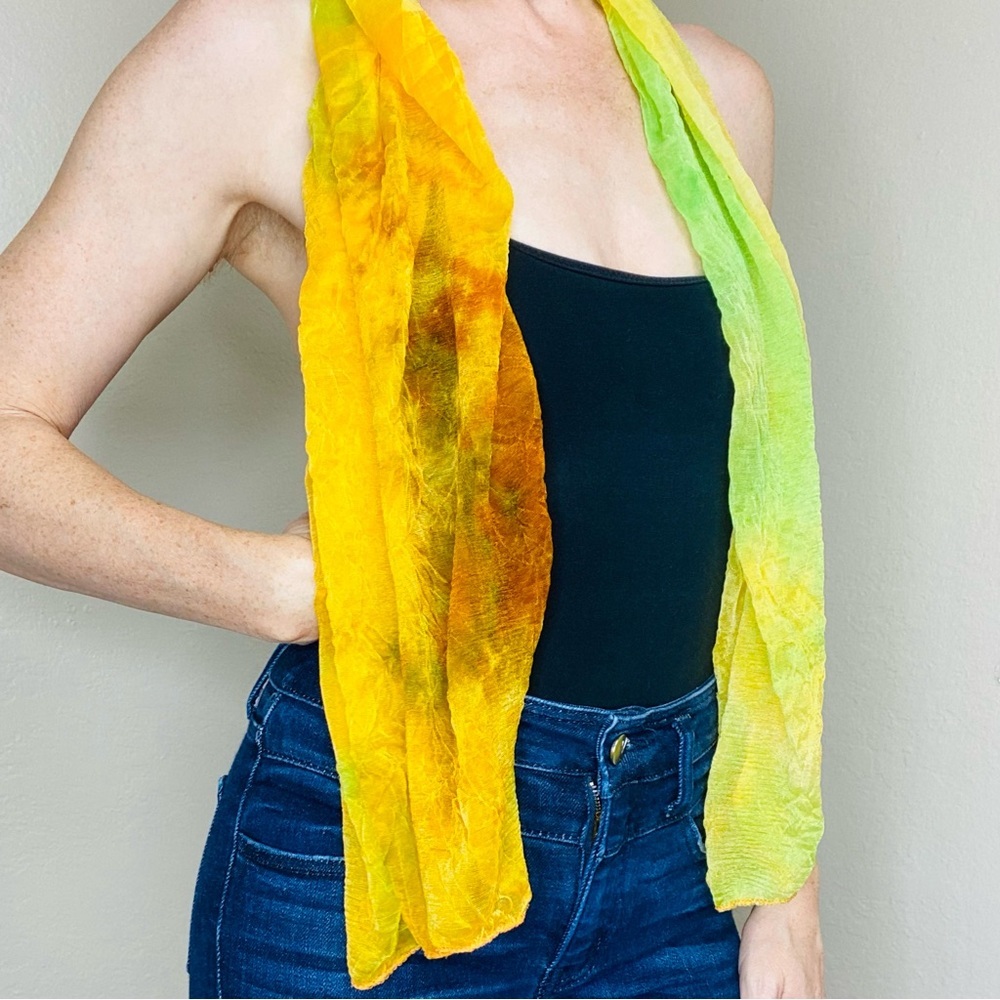 Hippie Yellow, Orange Tie Dye Small Light Sheer Neck Scarf - Picture 5 of 6